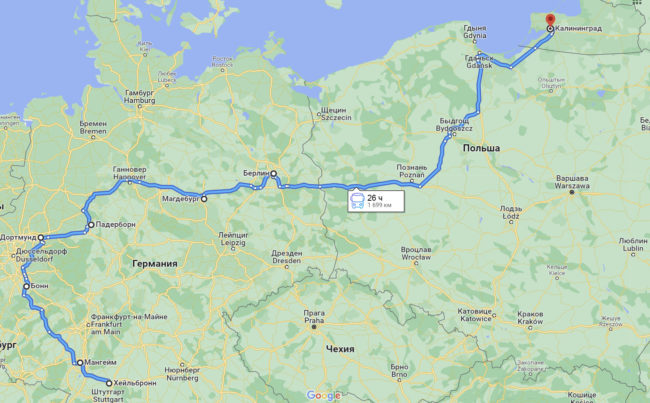 Карта маршрута Автобус Хайльбронн Калининград